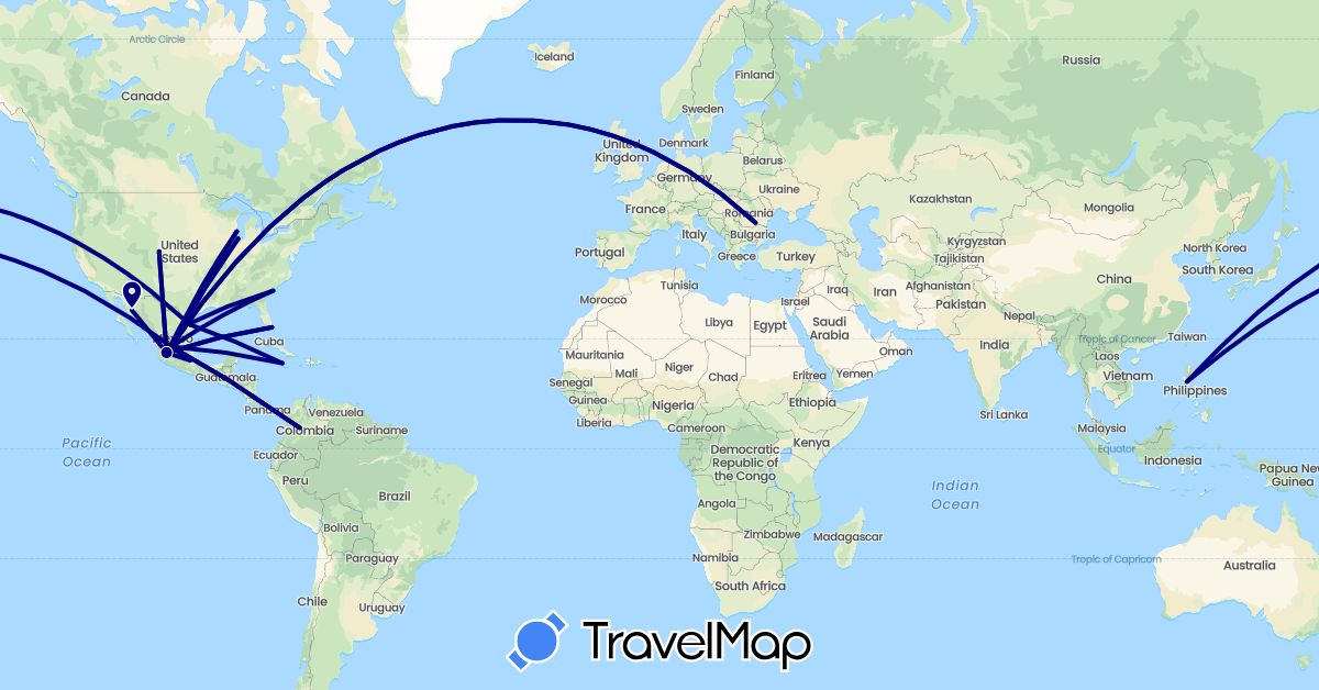 TravelMap itinerary: driving in Colombia, Jamaica, Mexico, Philippines, Romania, United States (Asia, Europe, North America, South America)
